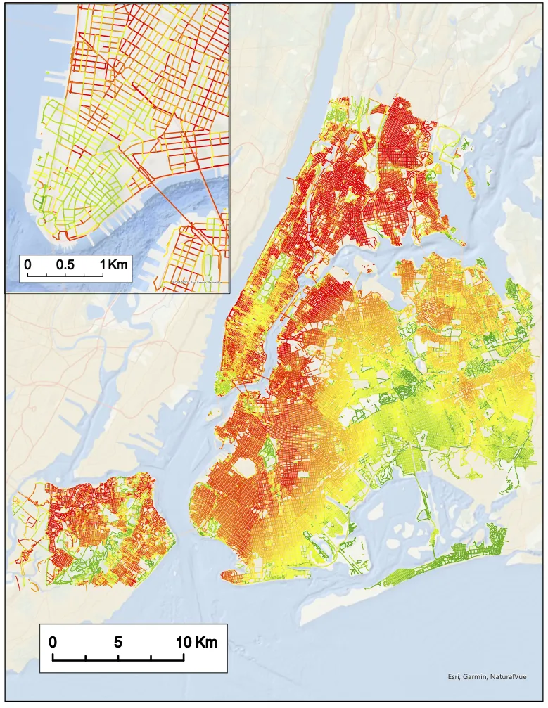 Street-level map of UTCI values across New York City