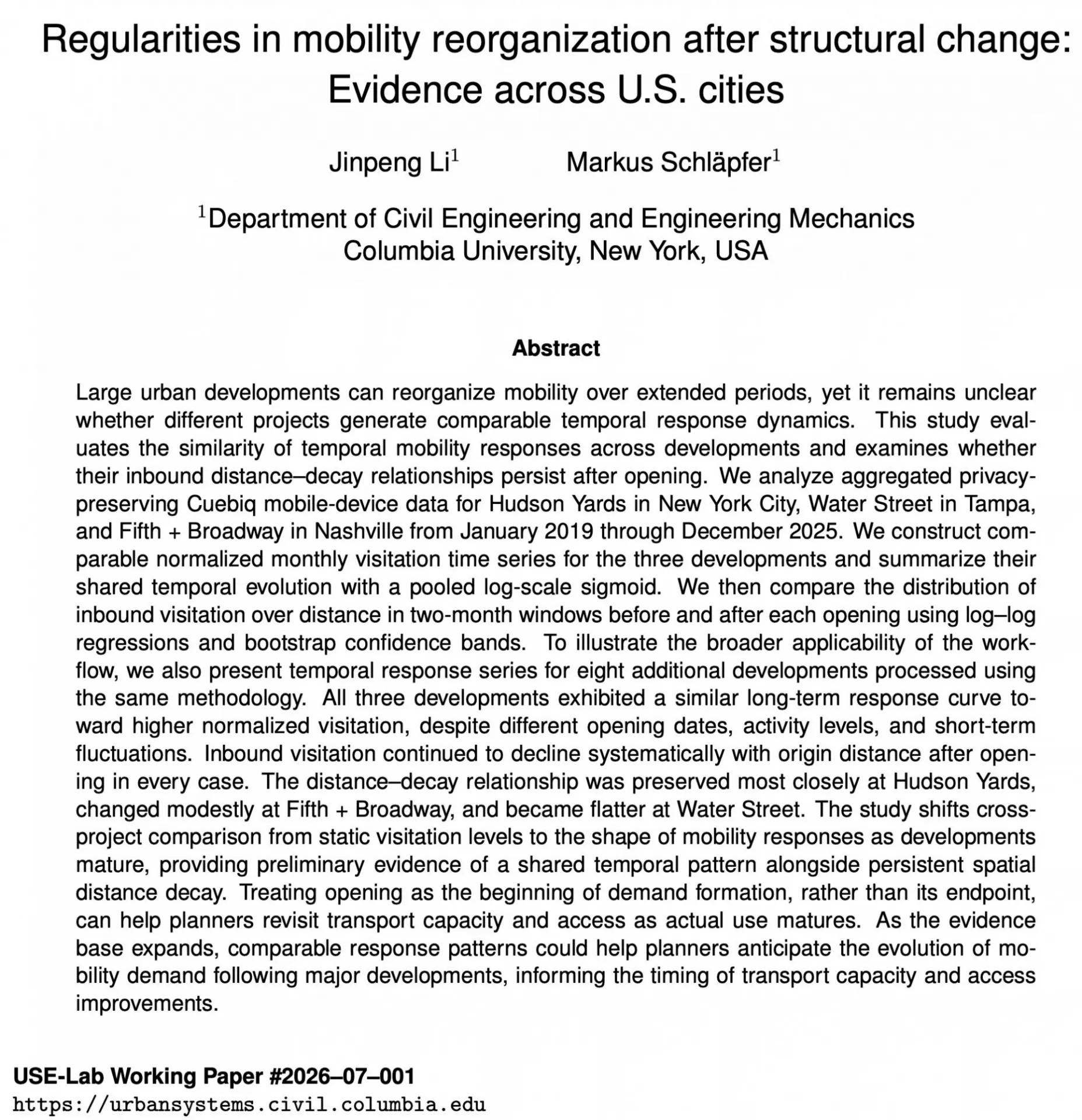 title of page of the working paper entitled: Regularities in mobility reorganization after structural change: Evidence across U.S. cities