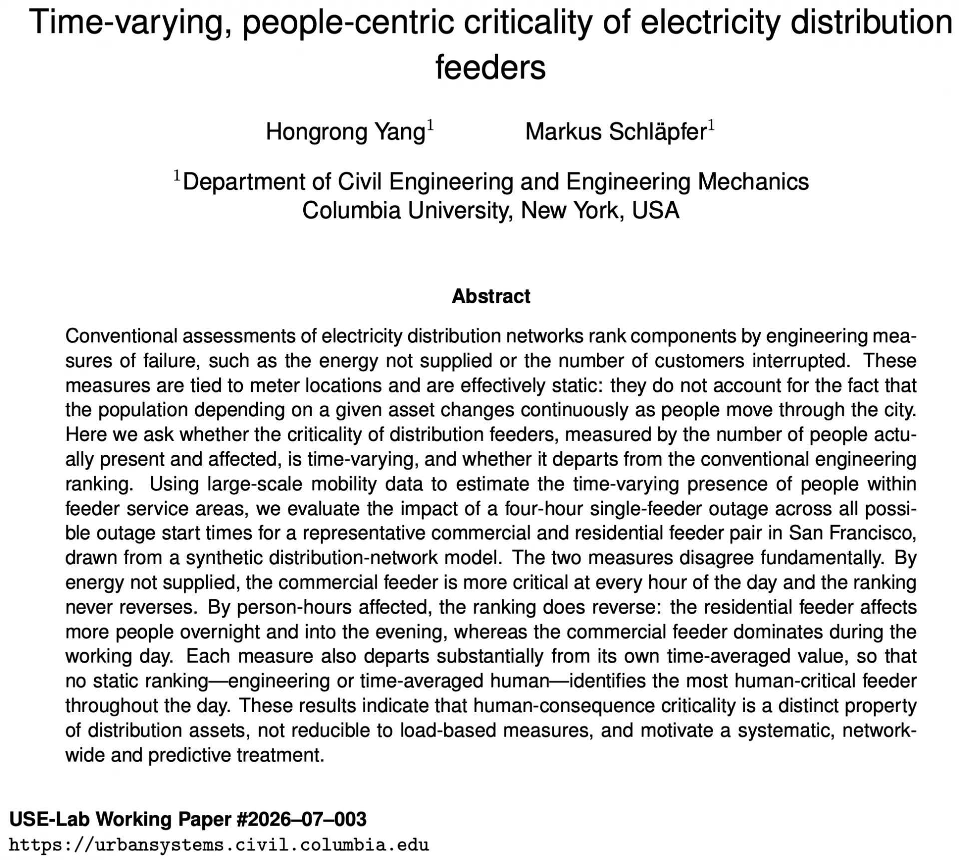 cover page of the USE-Lab working paper